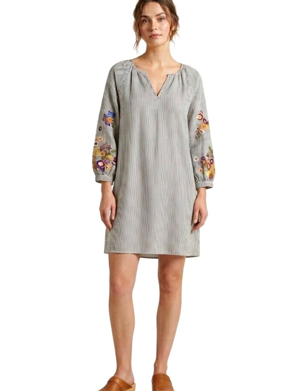 Feather Bone Anthropologie Striped Embroidered Tunic Dress Size XS Shift Cotton
